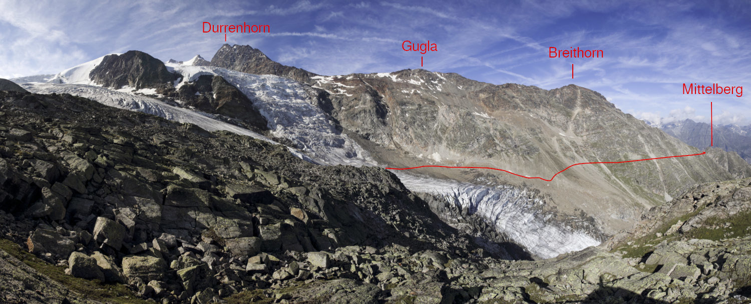 Вид на вершины и перевалы лев. борта лед. Riedgletcher от хиж. Bordierhütte